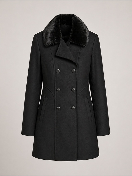 INC International Concepts Jackets & Blazers - INC International Concepts Black Double-Breasted Pea Coat with Faux Fur Collar
